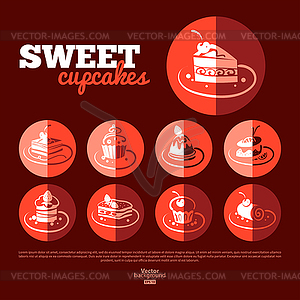 Sweet cupcakes. Flat icon set. Menu design - vector clip art