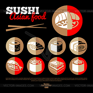 Япония суши. Азиатская еда. Квартира набор иконок. Меню дизайн - векторный клипарт