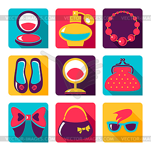 Flat icons. Set of woman fashion symbols - vector image