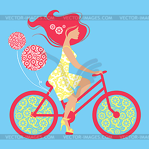 Силуэт красивая девушка на велосипеде - иллюстрация в векторе
