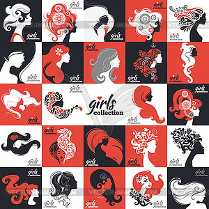 Big set of beautiful women silhouettes. Girls - stock vector clipart