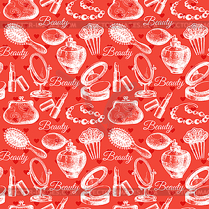 Beauty seamless pattern. Cosmetic accessories. - vector image