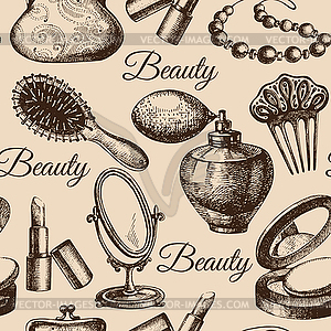 Beauty seamless pattern. Cosmetic accessories. - vector clip art