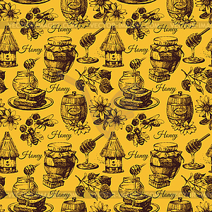 Honey seamless pattern with sketch - vector clipart