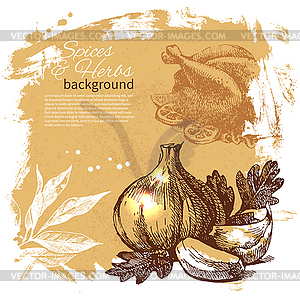 Vintage background with sketch herbs and spices. - vector EPS clipart