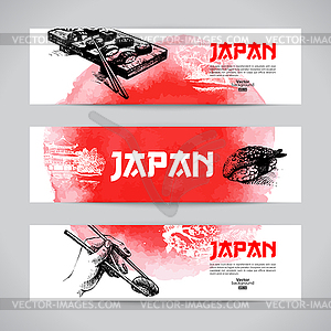Set of Japanese sushi banners. Hand darwn watercolo - vector clip art