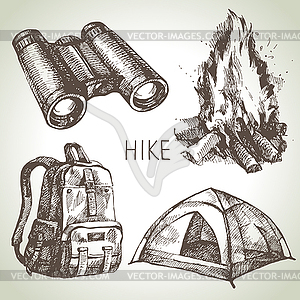 Hike and camping tourism set. Sketch design elements - vector EPS clipart