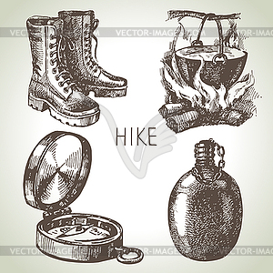 Hike and camping tourism set. Sketch design elements - vector clipart