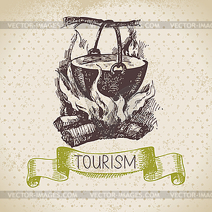 Vintage sketch tourism background. Hike and - vector image