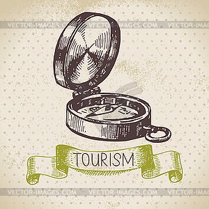 Vintage sketch tourism background. Hike and - vector clip art