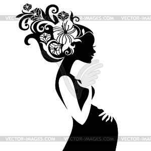 Pregnant beautiful woman silhouette with floral hair - vector clip art