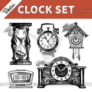 Sketch set of clocks and watches - vector clip art