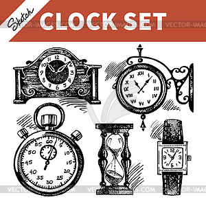 Sketch set of clocks and watches - vector clipart