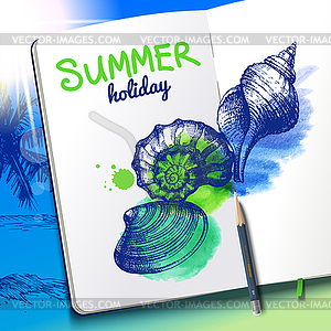 Set of sketch and watercolor seashells. Sketchbook - royalty-free vector image