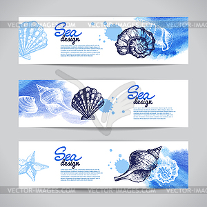 Seashell banners. Sea nautical design. sketch and - vector clipart
