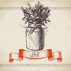 Rustic jar with lavender bouquet. Vintage sketch - vector image