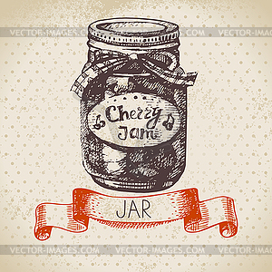 Rustic canning jar with cherry jam. Vintage sketch - vector clipart