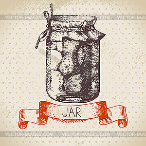 Rustic canning jar with tomato. Vintage sketch - color vector clipart