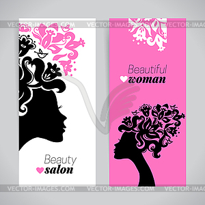 Banners of beautiful women silhouettes with flowers - vector clip art