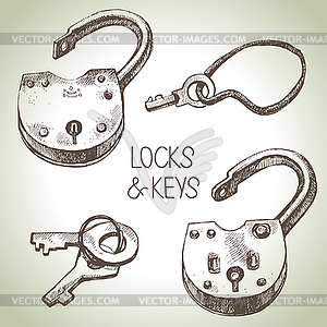 Sketch locks and keys set - vector clip art