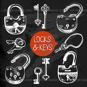 Sketch locks and keys set. . Black - vector image