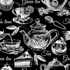 Tea and cake seamless pattern. sketch illustra - vector clip art