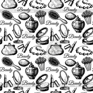 Beauty seamless pattern. Cosmetic accessories. - vector clipart / vector image