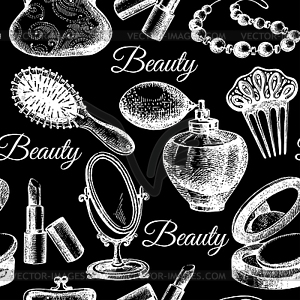 Beauty seamless pattern. Cosmetic accessories. - vector image