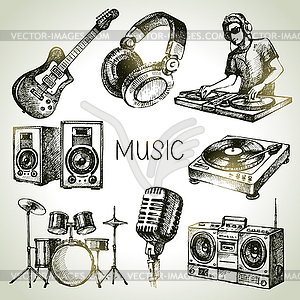 Sketch music set. s of Dj icons - vector clip art