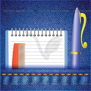 Pen and notepad on jeans background - vector clip art