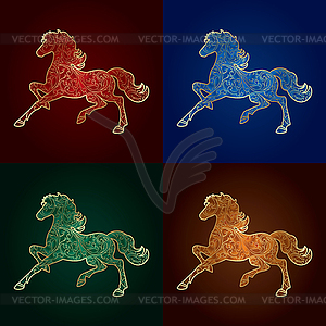 Set of vintage horse silhouette on colored - vector image