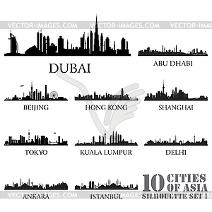 Set of skyline cities silhouettes. 10 cities of Asi - vector image