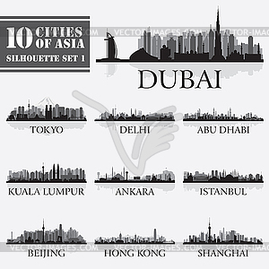 Set of skyline cities silhouettes. 10 cities of Asi - vector image