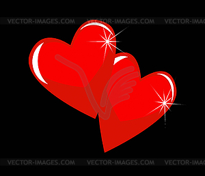 Two bright red hearts on black background - vector clipart