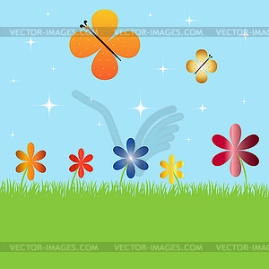 Summer landscape with flowers and butterflies - vector clipart