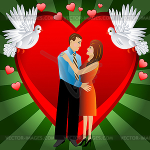 Young loving couple on background heart - vector image