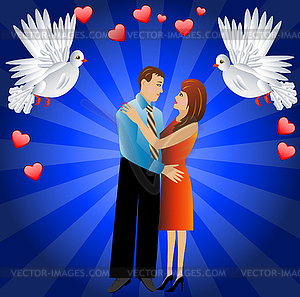 Young loving couple and two white fondling - vector clip art
