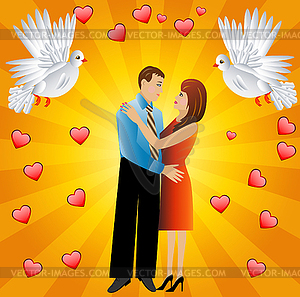 Young loving couple and two white fondling - vector clip art