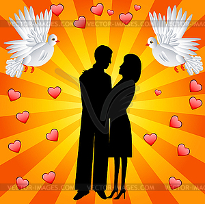 Young loving couple and two white fondling - vector image