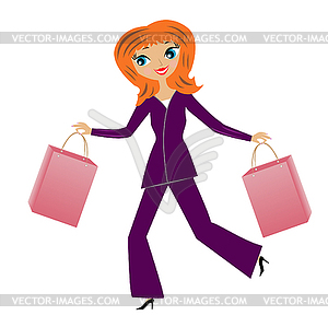 Young business woman hurry with purchase home - vector clipart