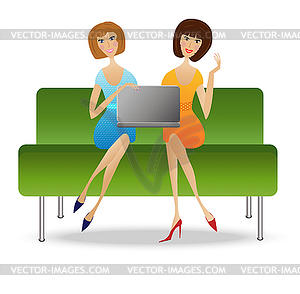 Two young woman with notebook sit on sofa - stock vector clipart