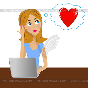 Young business woman thinks in office about love - vector image