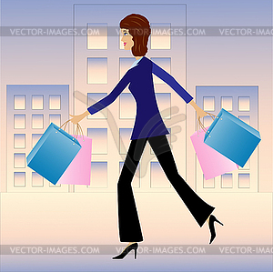 Young business woman hurry with purchase home - color vector clipart