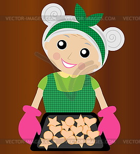 Merry grandmother prepares delicious dessert - vector clipart