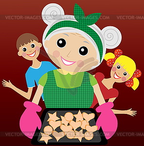 Grandmother prepares delicious dessert for - royalty-free vector clipart