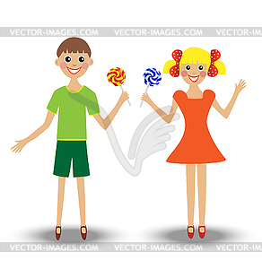 Merry girl and boy with lollipop - vector clip art