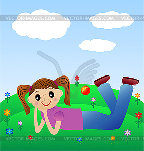 Merry girl lie on green lawn - vector image