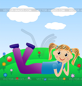 Merry girl lie on green lawn - vector image