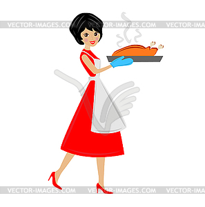 Женщина подготовить жареного цыпленка - иллюстрация в векторном формате