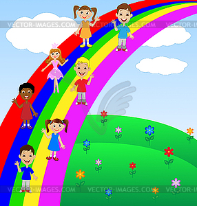 Little child go for drive on rainbow - color vector clipart